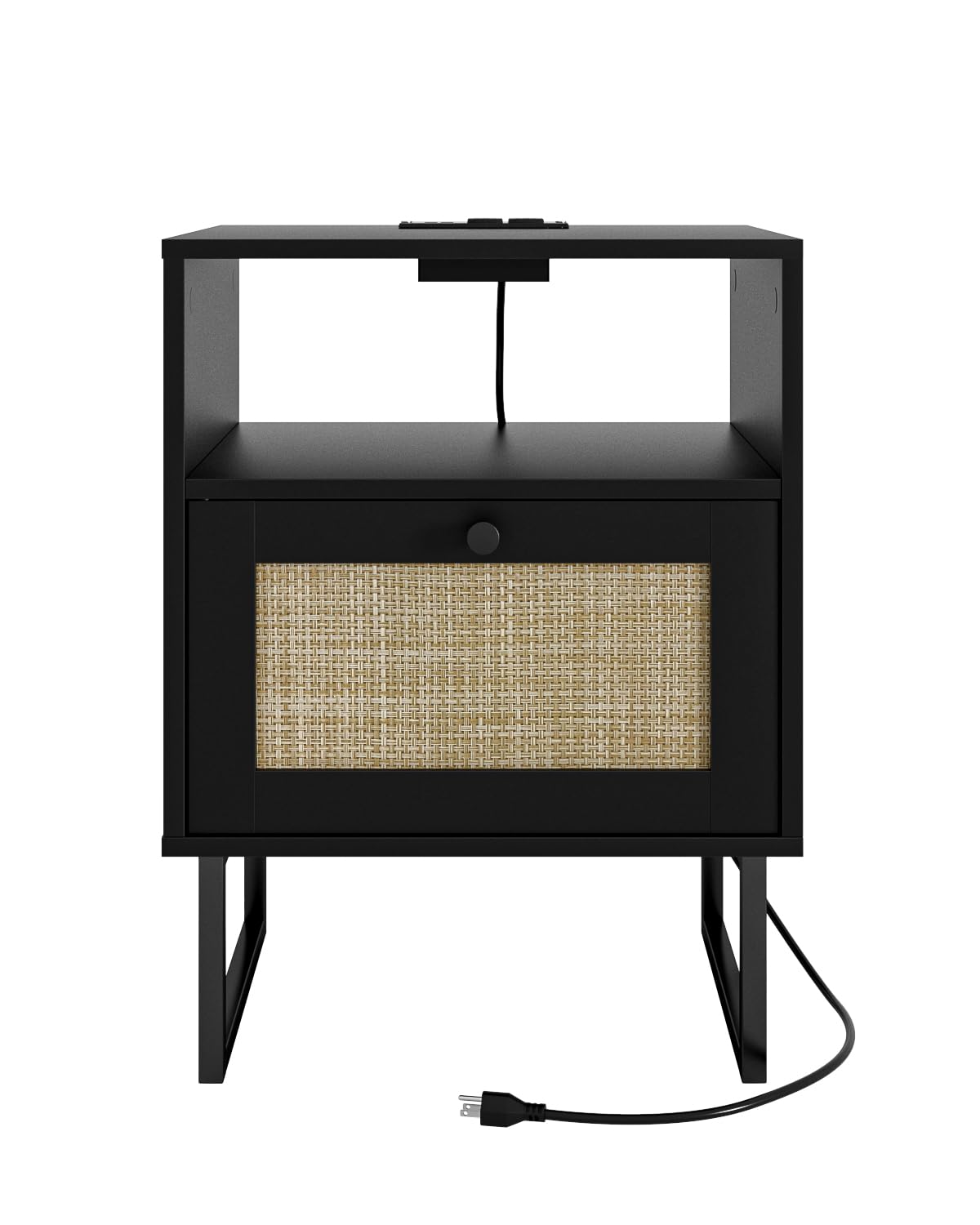 Apetaccat Rattan Nightstand with Charging Station, Boho Night Stand Farmhouse Wood Bedside Table with Storage and Open Shelf, End Side Accent Table for Bedroom,Living Room,Black