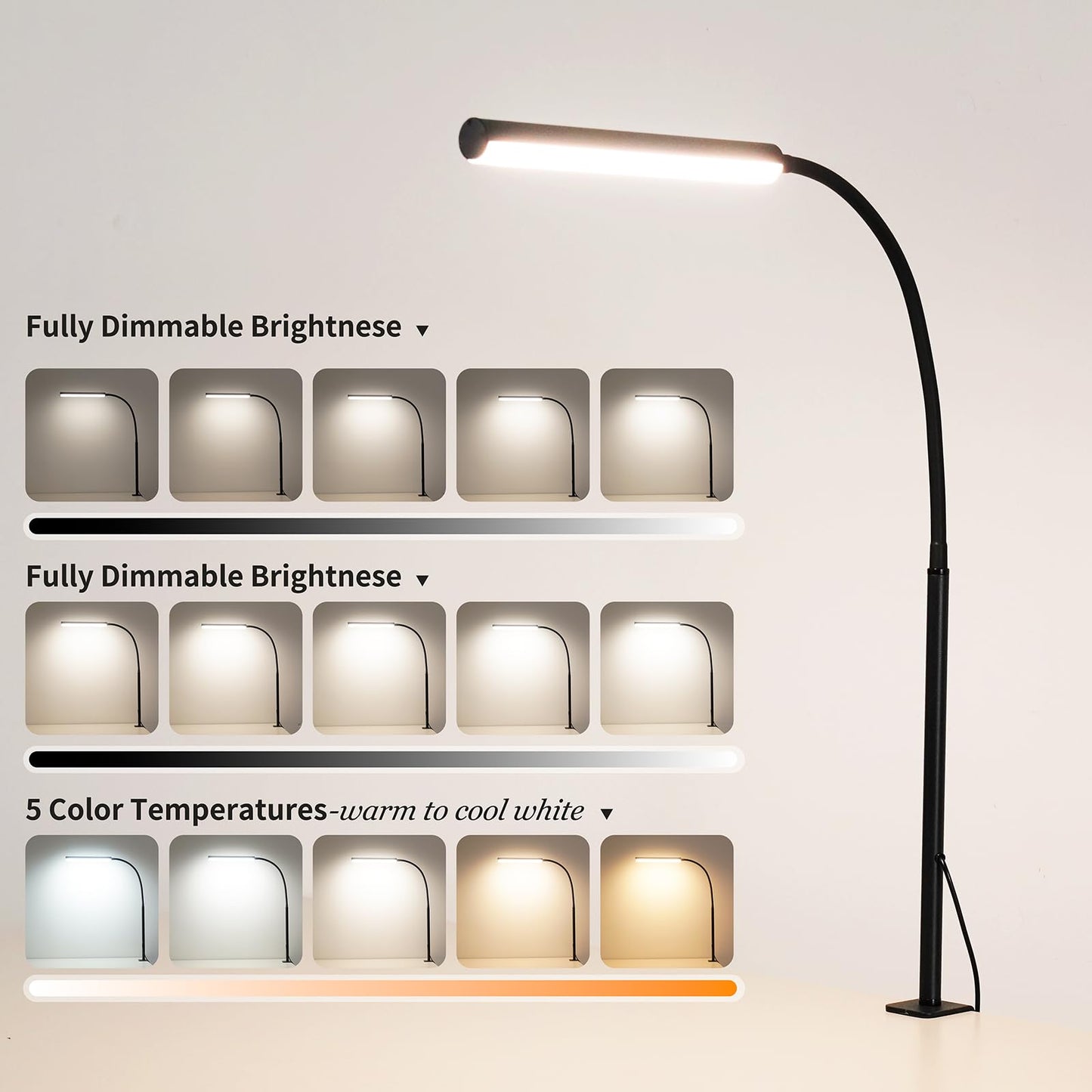 FAPEMIH LED Desk Lamp for Office Home, Adjustable Flexible Eye-Caring Desk Light with,5 Modes 10 Brightness Adjustment, USB Adapter Desk Lamp with Clamp-MINI-B