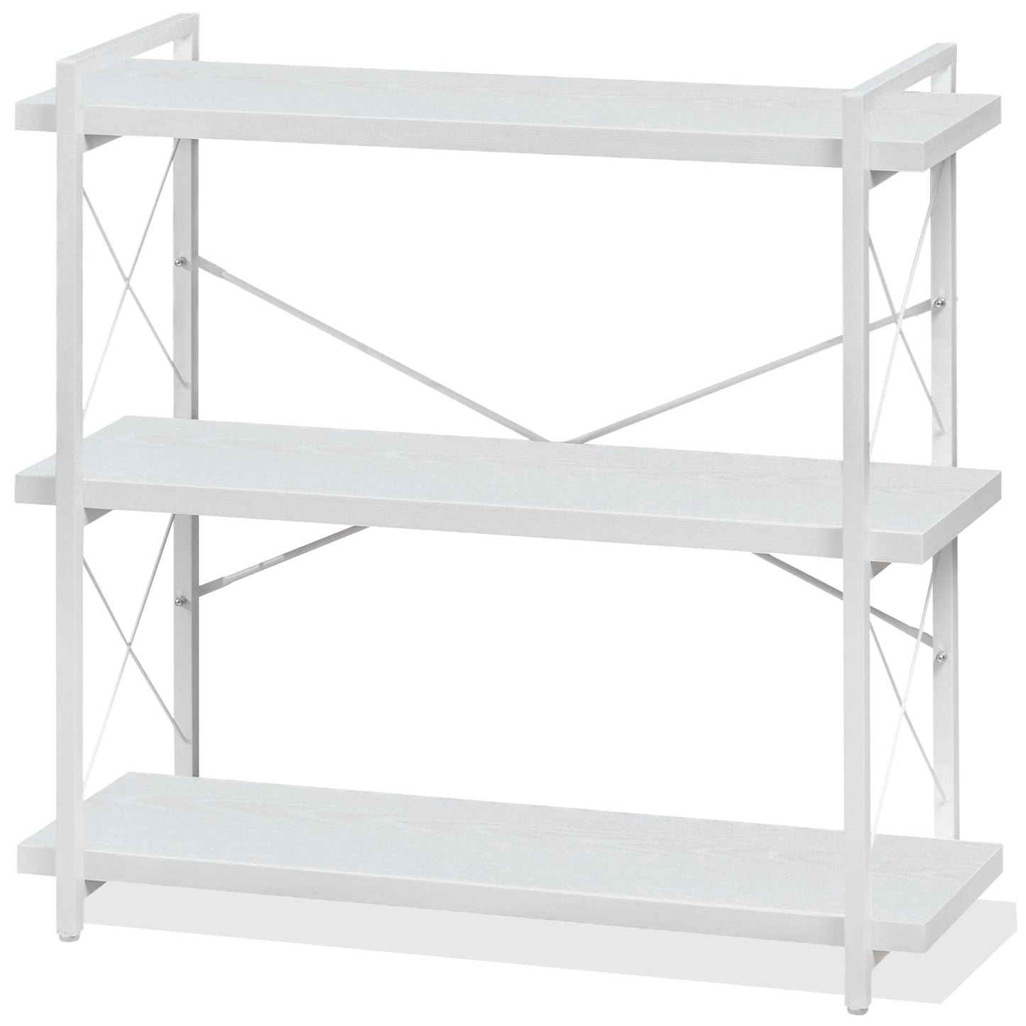 HCHQHS Bookshelf, 3-Tier Industrial Bookcase, White Open Book Shelf, Freestanding Horizontal Bookshelves with Metal Frame