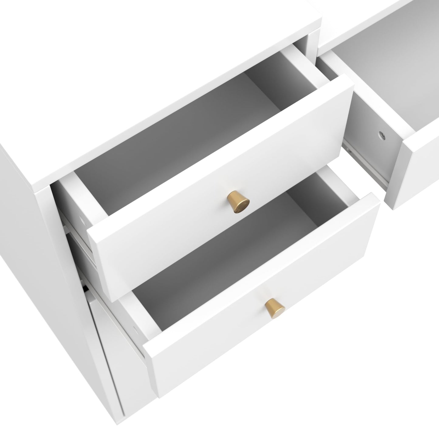 Nathan James Daisy White Desk Wall Unit, Vanity and Nightstand Set, Wood Desk with Drawer and Side Table with Metal Legs and Rattan Accent