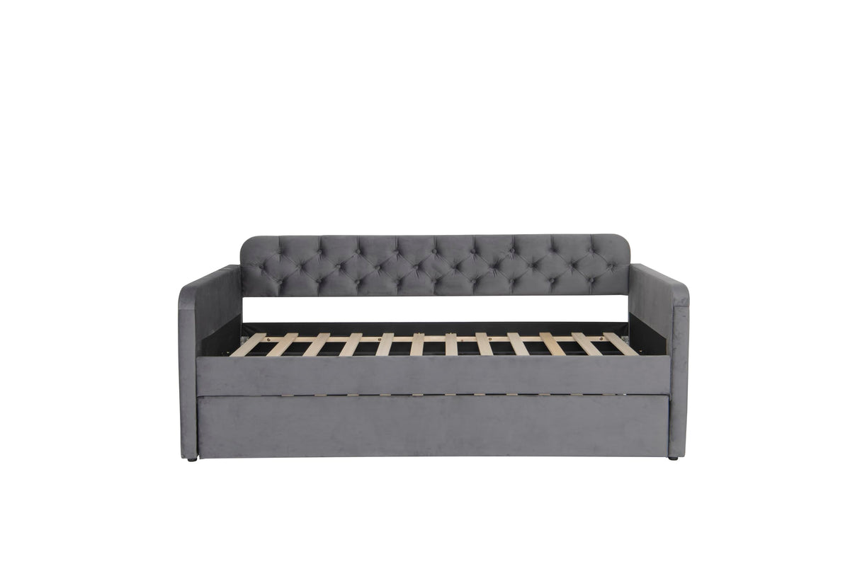 Acosure Twin Size Velvet Upholstered Daybed with Trundle and USB Charging Design,Bed Frame W/Fabric-Tufted Linen Backrest,for Bedroom,Guest Room,Apartment,Dark Grey