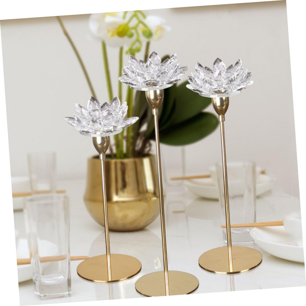Mobestech Crystal Lotus Candle Holder Metal Candlestick Small Golden Wedding Decoration Romantic Dining Room Candle Stand