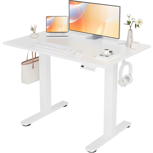 Seang Electric Height Adjustable Standing Desk, 40 x 24 Inch Sit-Stand Workstation with T-Style Frame, 3 Memory Height Options & Built-in Cable Management for Home Office, White Frame/White Top