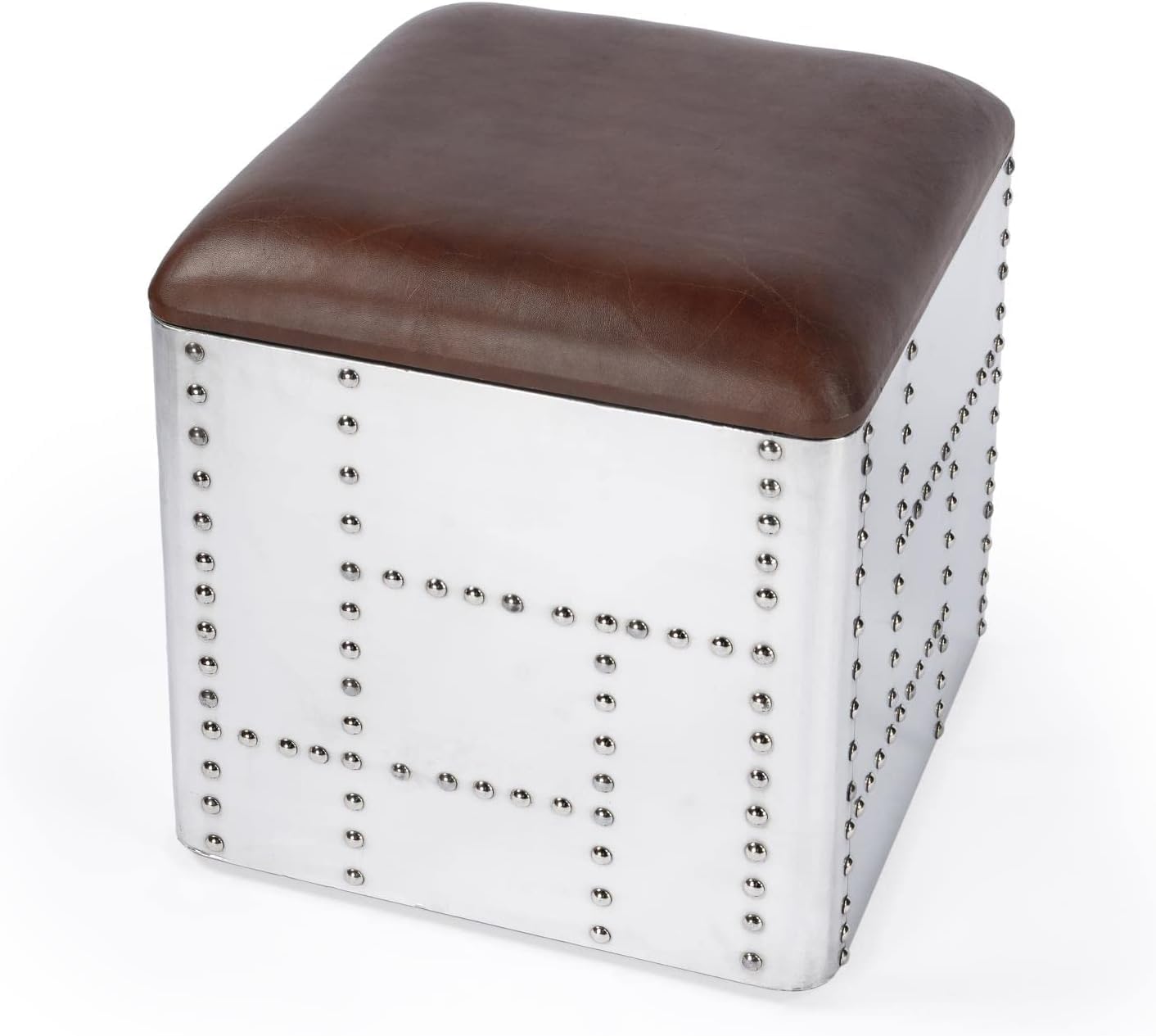 NauticalMart Wooden Square Ottoman Side Table Midway Aviator Leather Stool
