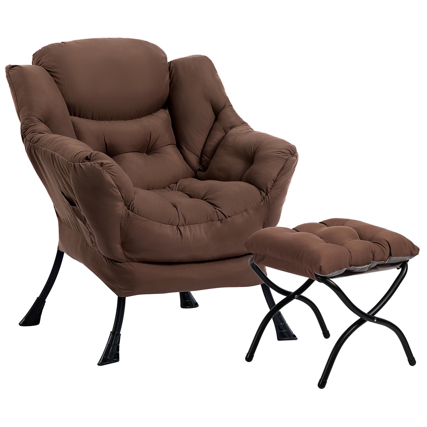 HollyHOME Lazy Chair with Foldable Ottoman, Accent Comfy Lounge Armchair and Folding Footrest Stool, Leisure Sofa Reading Chair and Footstool for Living Room, Bedroom, Dorm,Coffee Brown