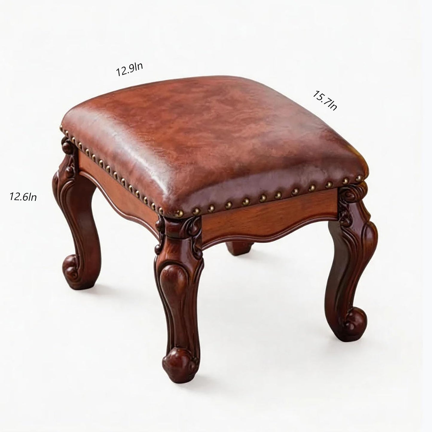 DEBJGO Leather Foot Stool, Vintage Footstools, Wooden Footrest, Upholstered Foot Rest for Living Room, Sofa, Entryway, Solid Wood Stool (Cherry, 15.7 "×12.9 "×12.6 ")