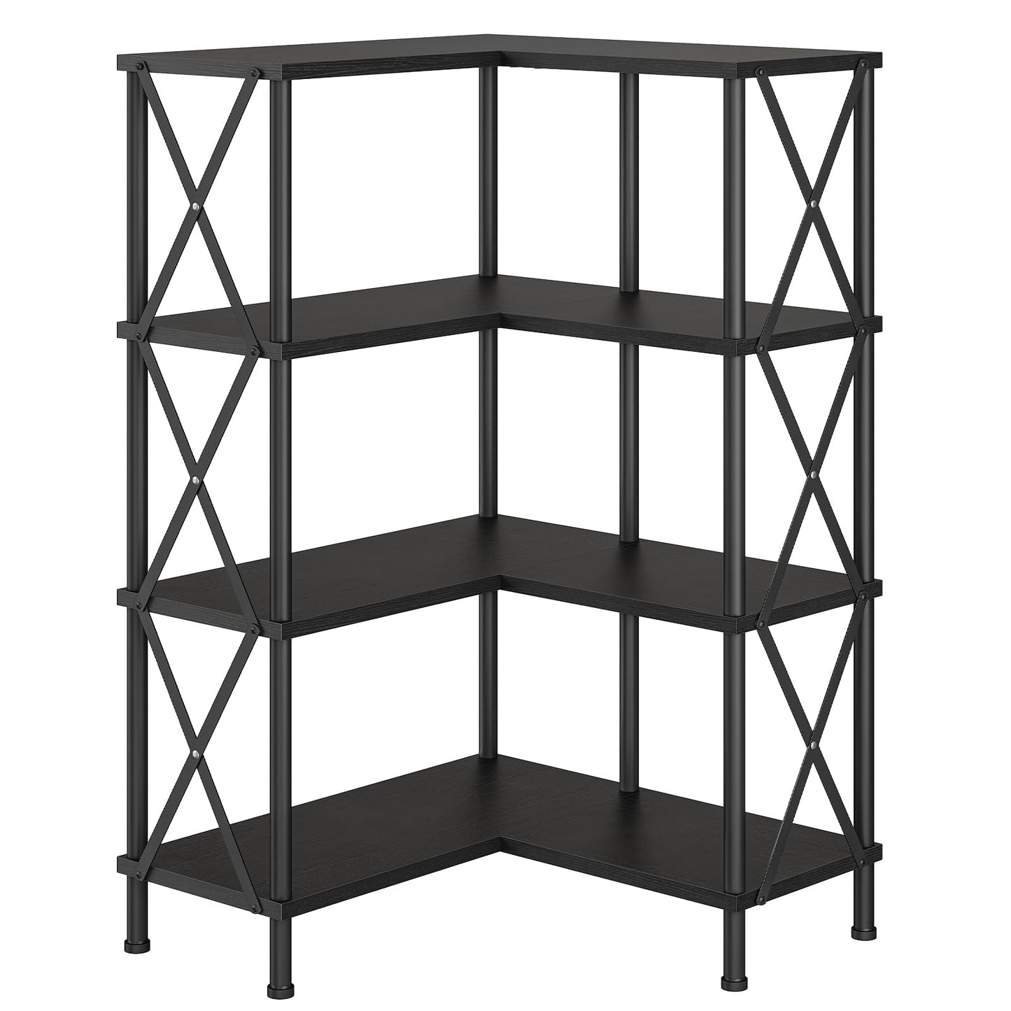 HOOBRO Corner Bookshelf, 4-Tier L-Shaped Bookcase, Industrial Open Display Shelf Tall Storage Organizer, Vertical Storage Rack, for Living Room, Home Office, Black BB59SJ01