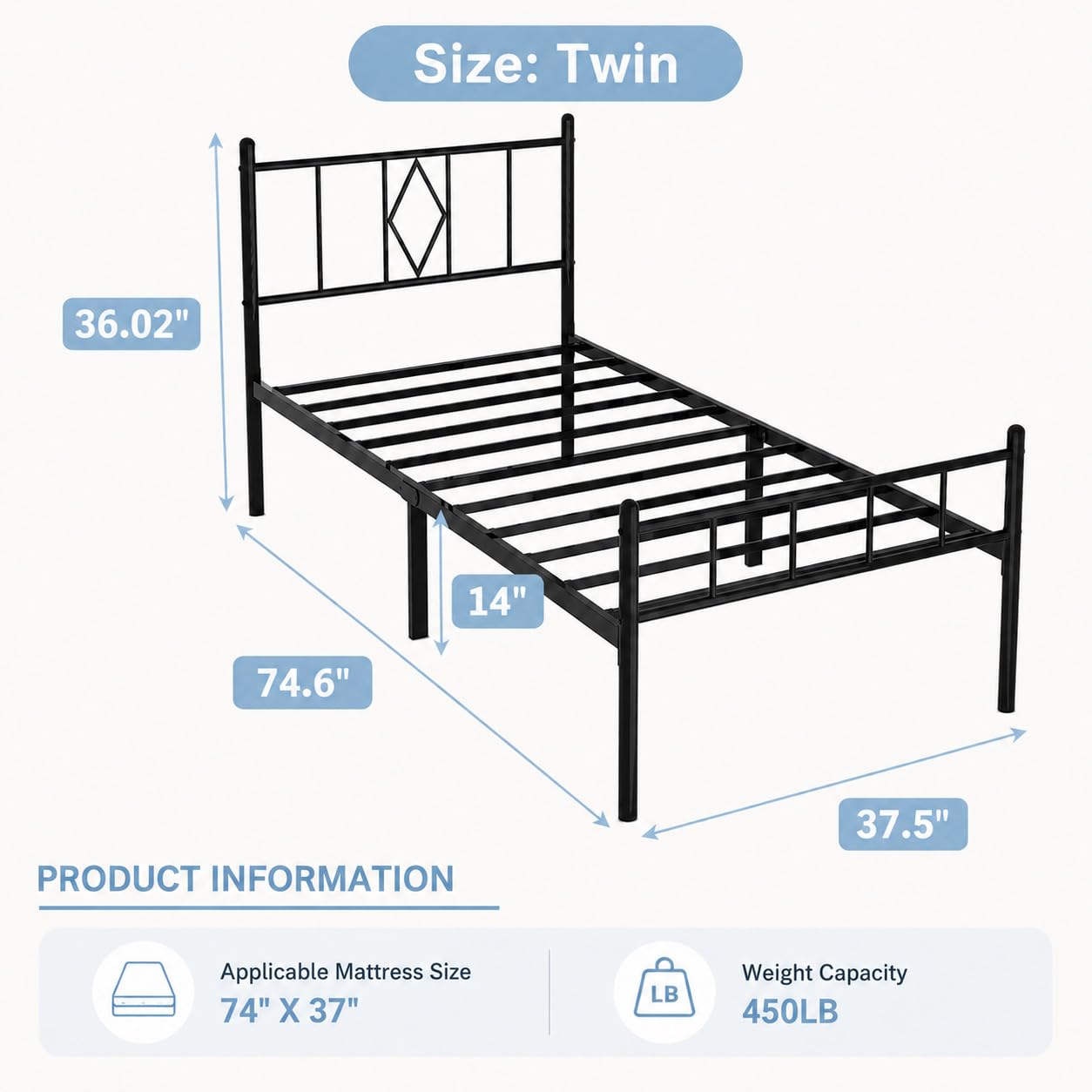 Bervinome Twin Size Platform Bed Frame, Heavy Duty Metal Bed Frame with Headboard, Steel Slat Support, Under Bed Storage Space, Easy Assembly, No Box Spring Needed, Black