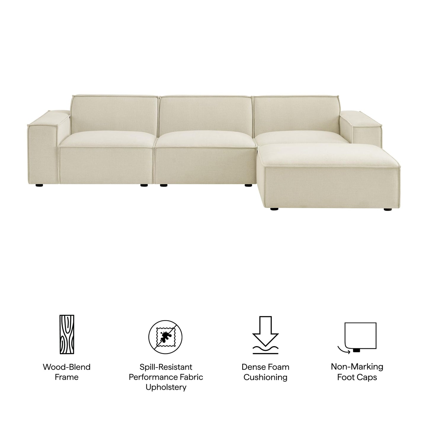 Modway Restore Performance Fabric Upholstered 4-Piece Modular Sofa Set with Ottoman in Ecru - Low Profile Sectional Sofa with Coil Seat Support and French Piping