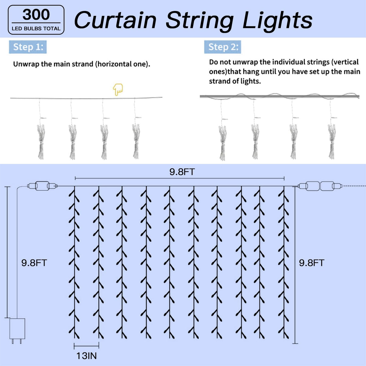 Soagrc 300 LED Cool White Curtain String Lights 9.8x9.8FT Plug in Fairy Lights with 9 Hooks Dimmable Timer & 8 Modes IP44 Waterproof Bedroom Office Wall Wedding Backdrop Christmas Indoor Outdoor Decor