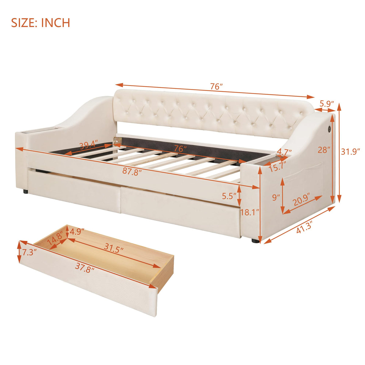 GDFStudio Twin Size Upholstered Daybed with USB Ports and Storage Drawers, Velvet Daybed Frame with Button Tufted Armrests and Wood Slat Support, Beige