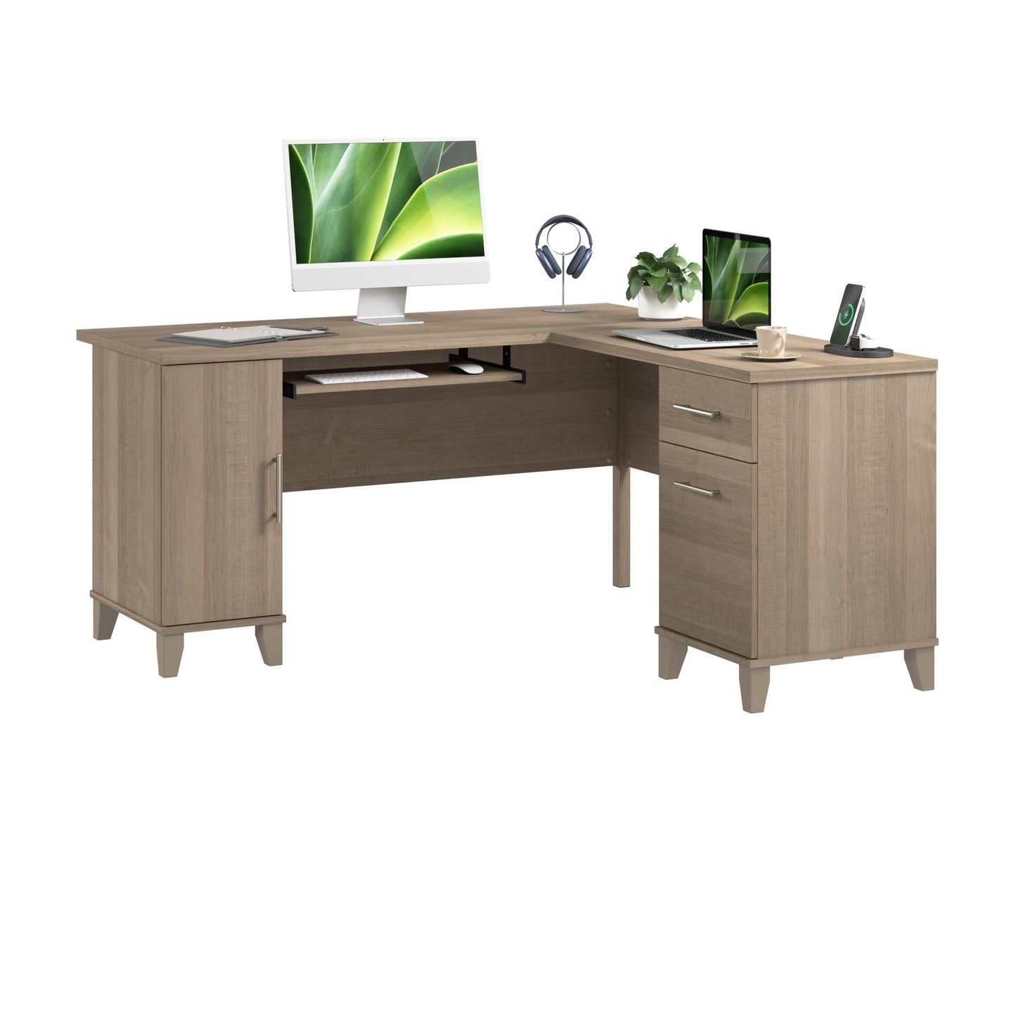 Bush Home 60-Inch L-Shaped Desk with Storage, Corner Computer Office Desk with Drawers and Storage Cabinet, Home Office Furniture, Somerset Collection, Ash Gray