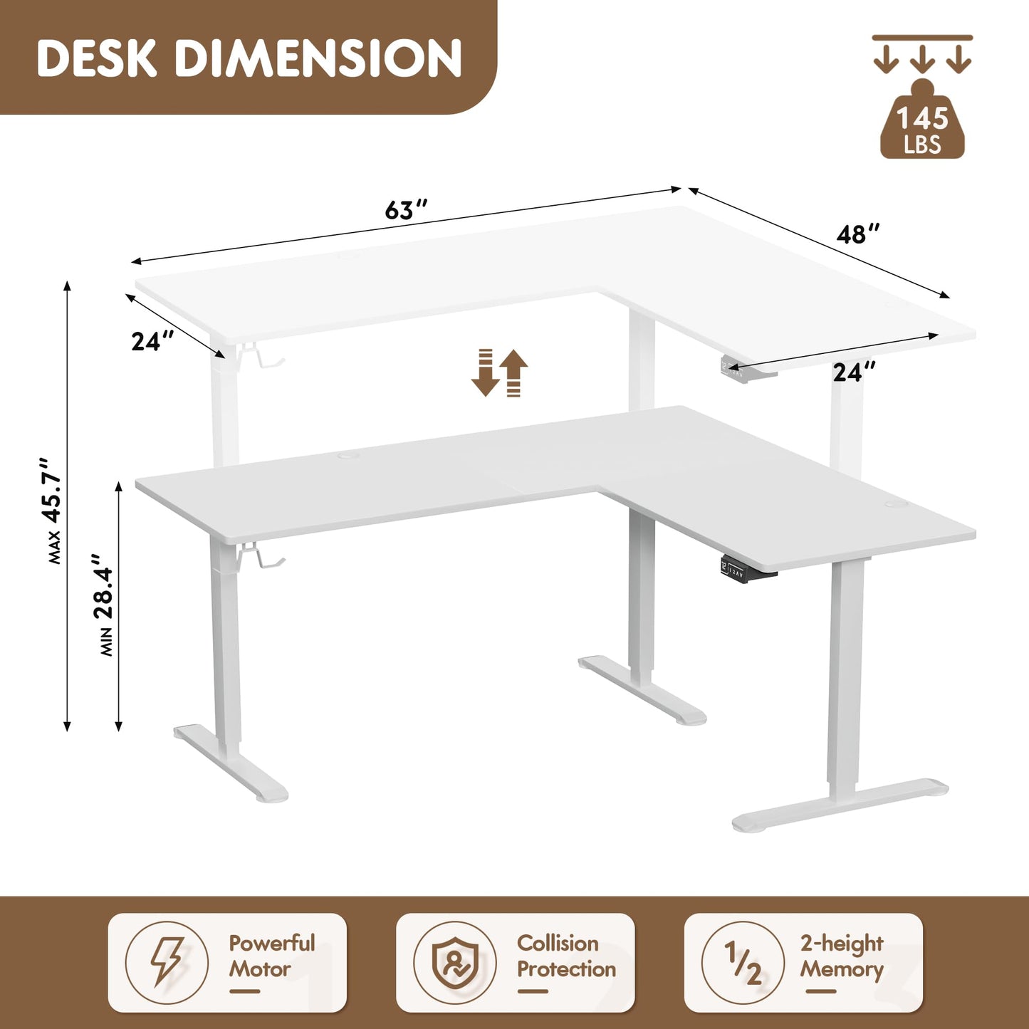 Furmax 63 x 55 Inch L Shaped Standing Desk with 2 Preset Heights, Electric Height Adjustable Computer Table, 2 Hooks & Feet Balance, Corner Sit Stand Desk for Home Office (White, 63 x 55 Inch)