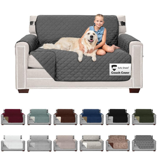 Sofa Shield® Couch Loveseat Covers for Dogs, Reversible Furniture Protector with Strap, Stain and Tear Resistant Cushion Cover, 54 inch Seat, Machine Washable Slipcover Pets, Cats, Charcoal