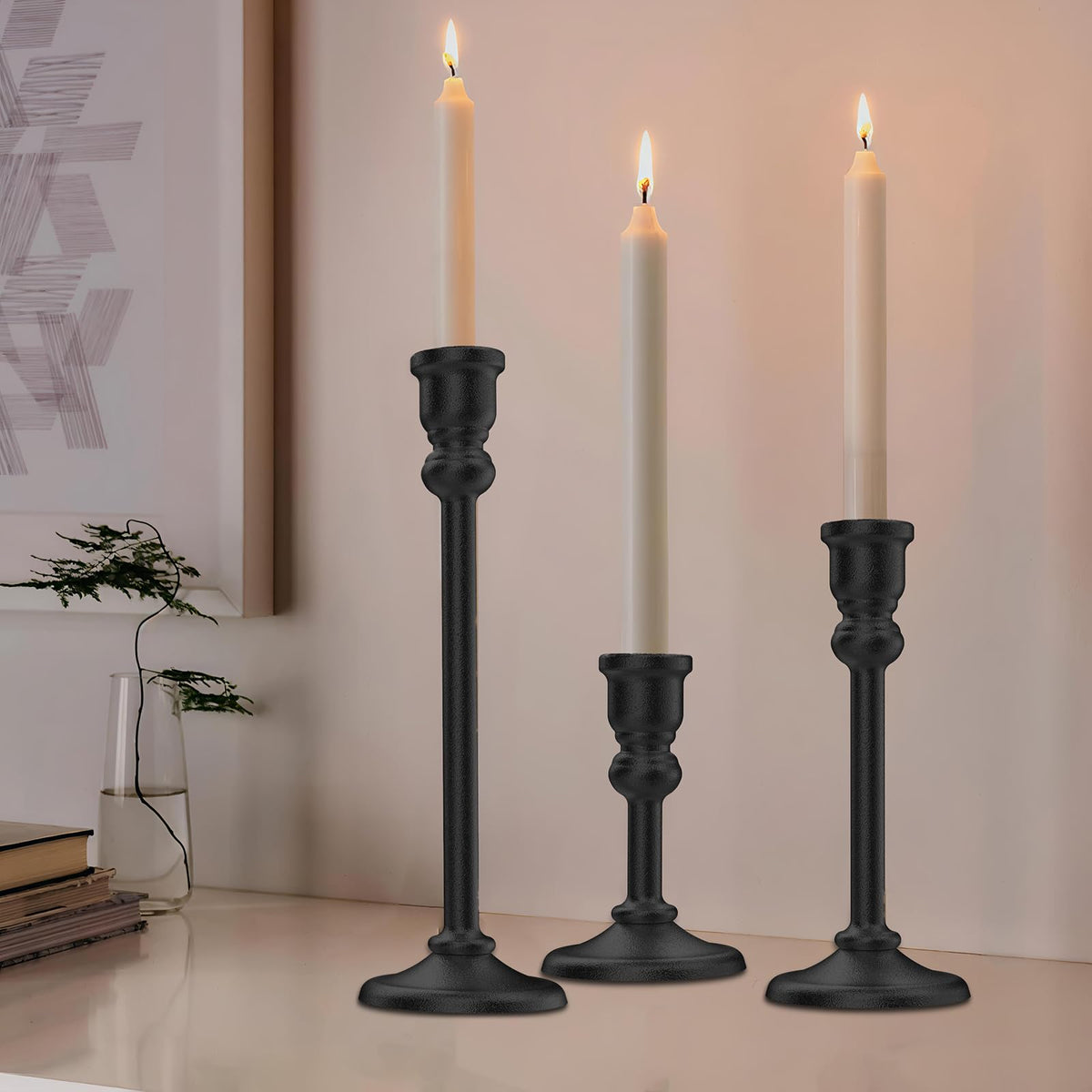 Black Heavy Candlestick Holders Taper Candle Holders Set of 3, Golden Candlestick Holders Decorative Candle Stand, Tapered Candle Holders Set for Wedding, Dining Table, Home Decoration (Antique Black)