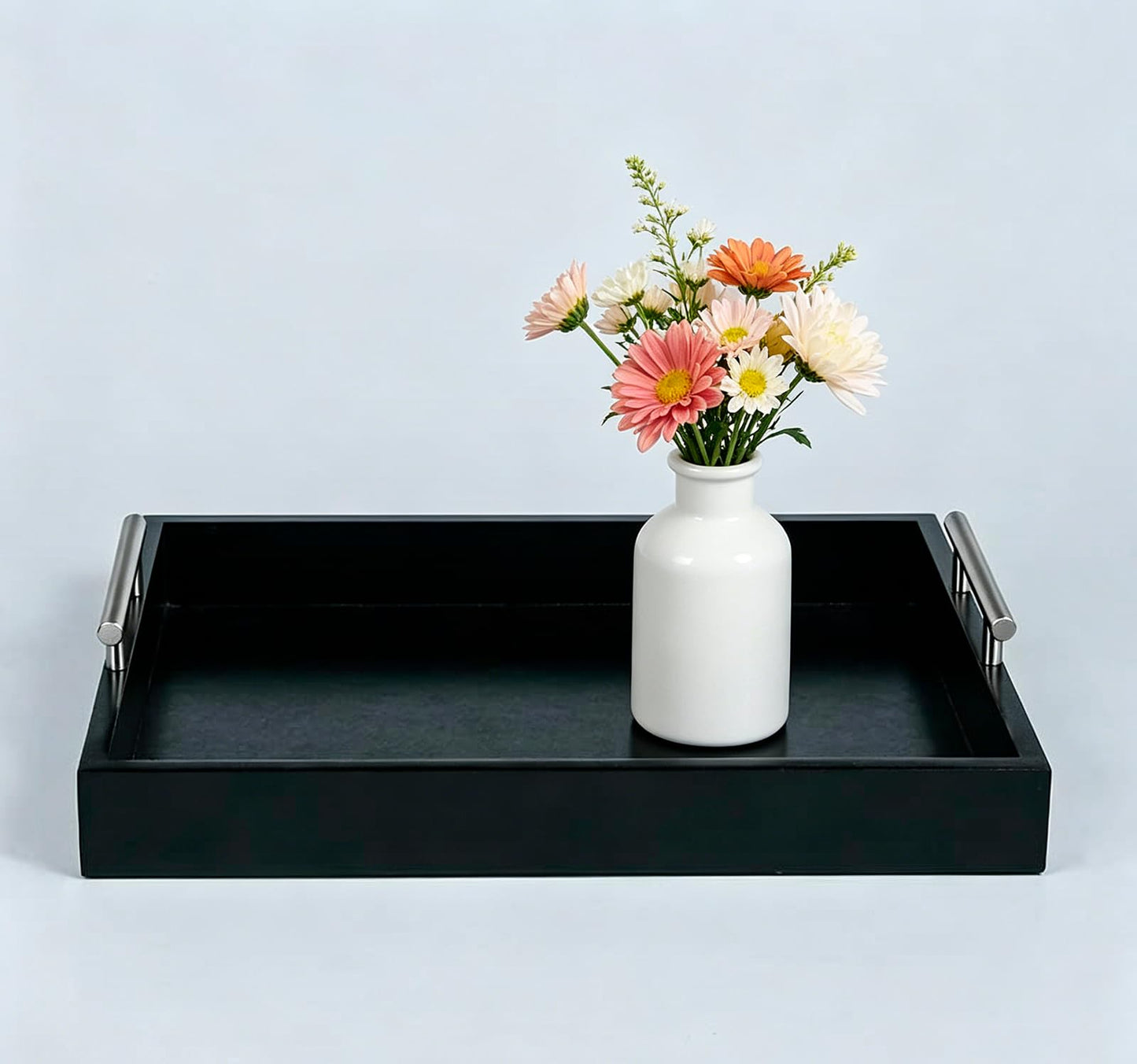 Juleduo Serving Tray 16.5“X 13“Deluxe Wooden Ottoman Tray for Coffee Table with Polished Silver Metal Handles and 4 Coasters, Living Room Bathroom Coffee Bar Organizer Modern Decorative Black