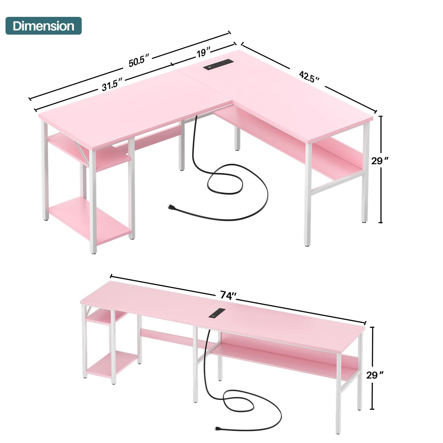 Unikito Reversible L Shaped Desk with Magic Power Outlets and USB Charging Ports, Sturdy Corner Computer Desk with Storage Shelves, Gaming Table Home Office Desk, Easy to Assemble, Pink