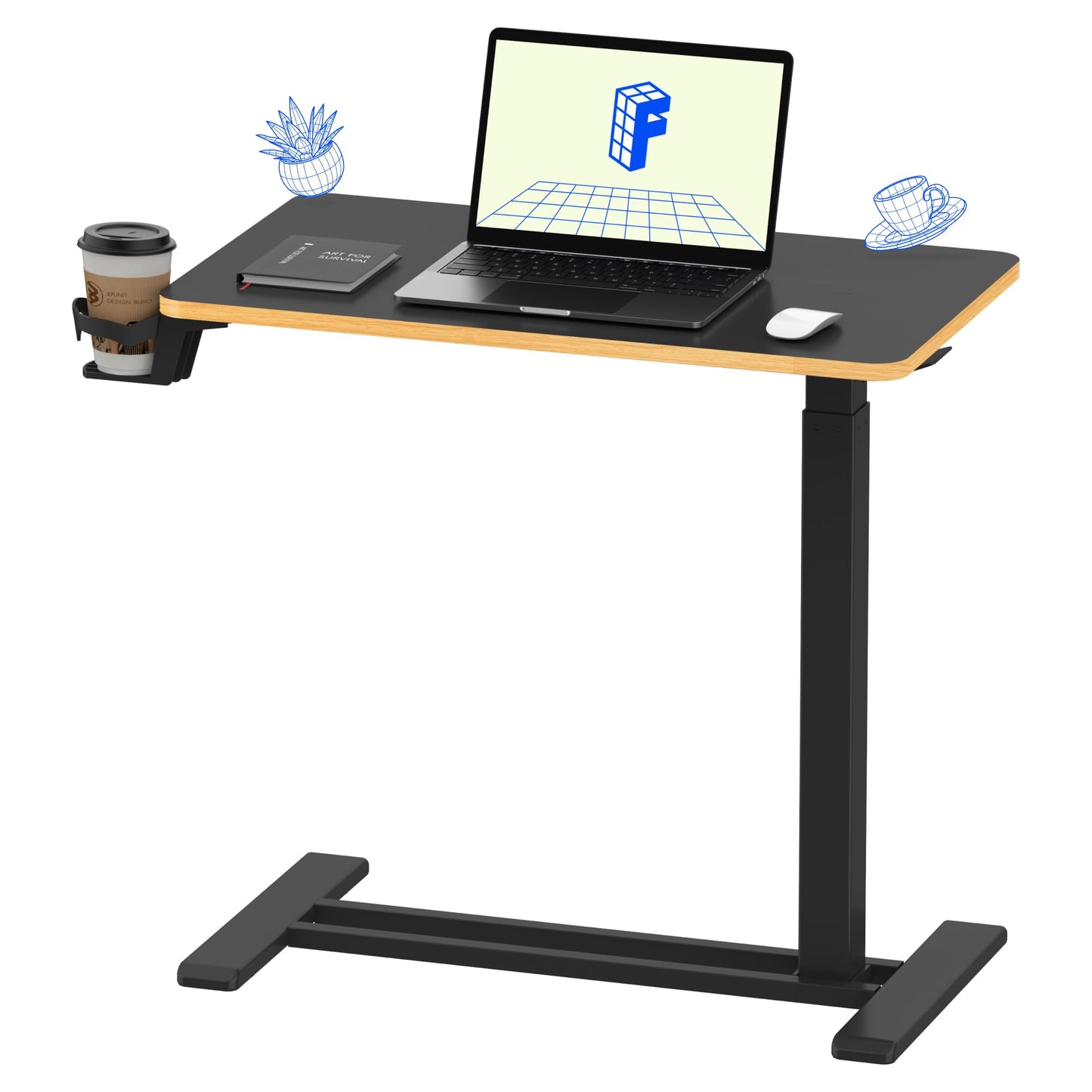 FLEXISPOT H7 Adjustable Overbed Bedside Table with Wheels Pneumatic Mobile Standing Desk Laptop Desk Rolling Computer Cart Movable Overbed Tables Hospital Home Use(27.6" W x 15.7" D, Black Maple)