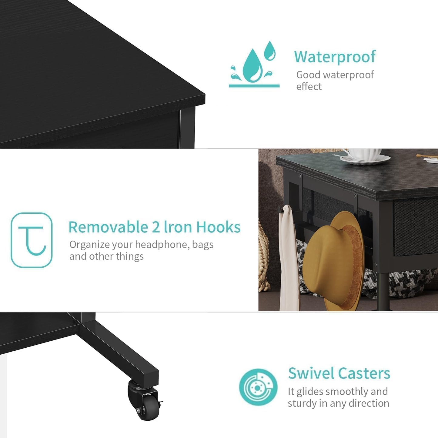 Small Portable Rolling Standing Desk - 32 Inch Adjustable Mobile Stand Up Gaming Desks with 2 Fabric Drawers on Wheels, Couch Sofa Side Laptop Table with Storage for Home Office, Black
