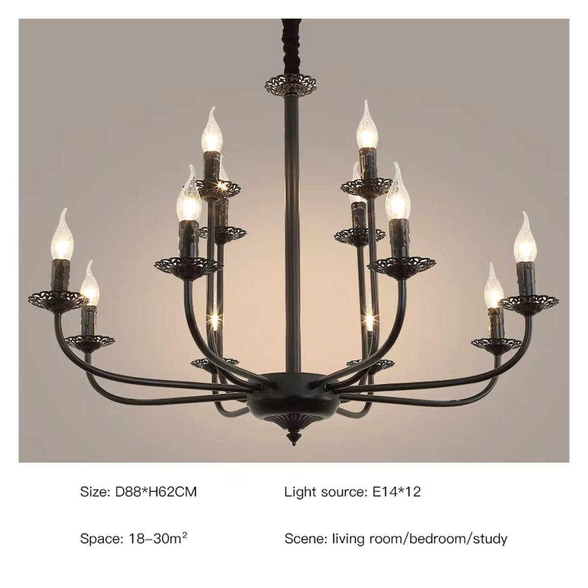 Wrought Iron Chandelier Candle Light Black Metal Lighting Fixture for Living Room Foyer Art Hanging Pendant Lamp,Luxury Style