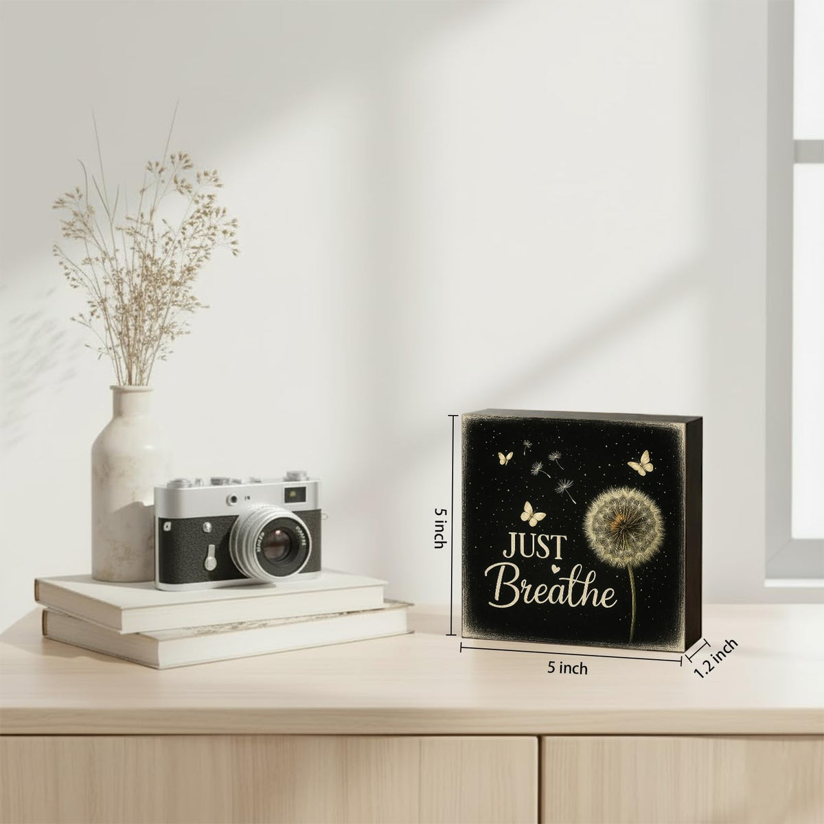 Lriumzn Just Breathe Wood Box Sign, Black, 5x5 Inch