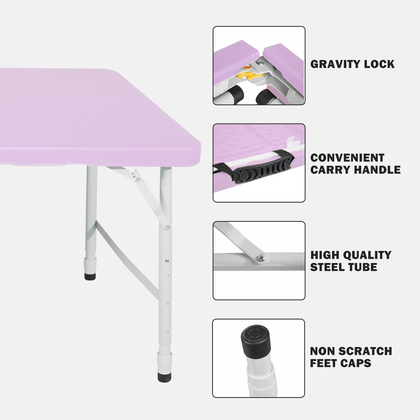 SculPong 4 FT Folding Table with Carry Handle, Portable Fold-in-Half Plastic Table, Rectangle Foldable Table for Indoor/Outdoor Light Purple