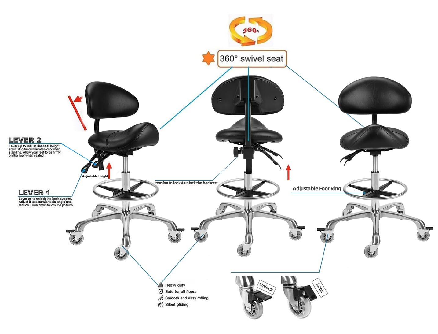 Saddle Stool Chair with Backrest and Footrest- Ergonomic Rolling Saddle Stools Hydraulic Swivel Adjustable Stool Esthetician Chair for Massage Beauty Salon Tattoo Dentist Clinic Home Office (Black)
