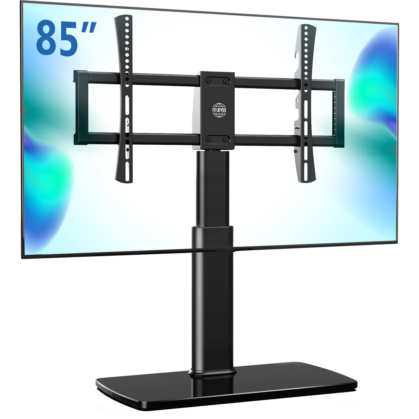 FITUEYES Universal TV Stand Mount for 43-80 85 inch TVs, Swivel Tall TV Mount Stand, Table Top TV Stand Base Replacement, Height Adjustable TV Table Stand, Glass Base, Max Holds 110lbs