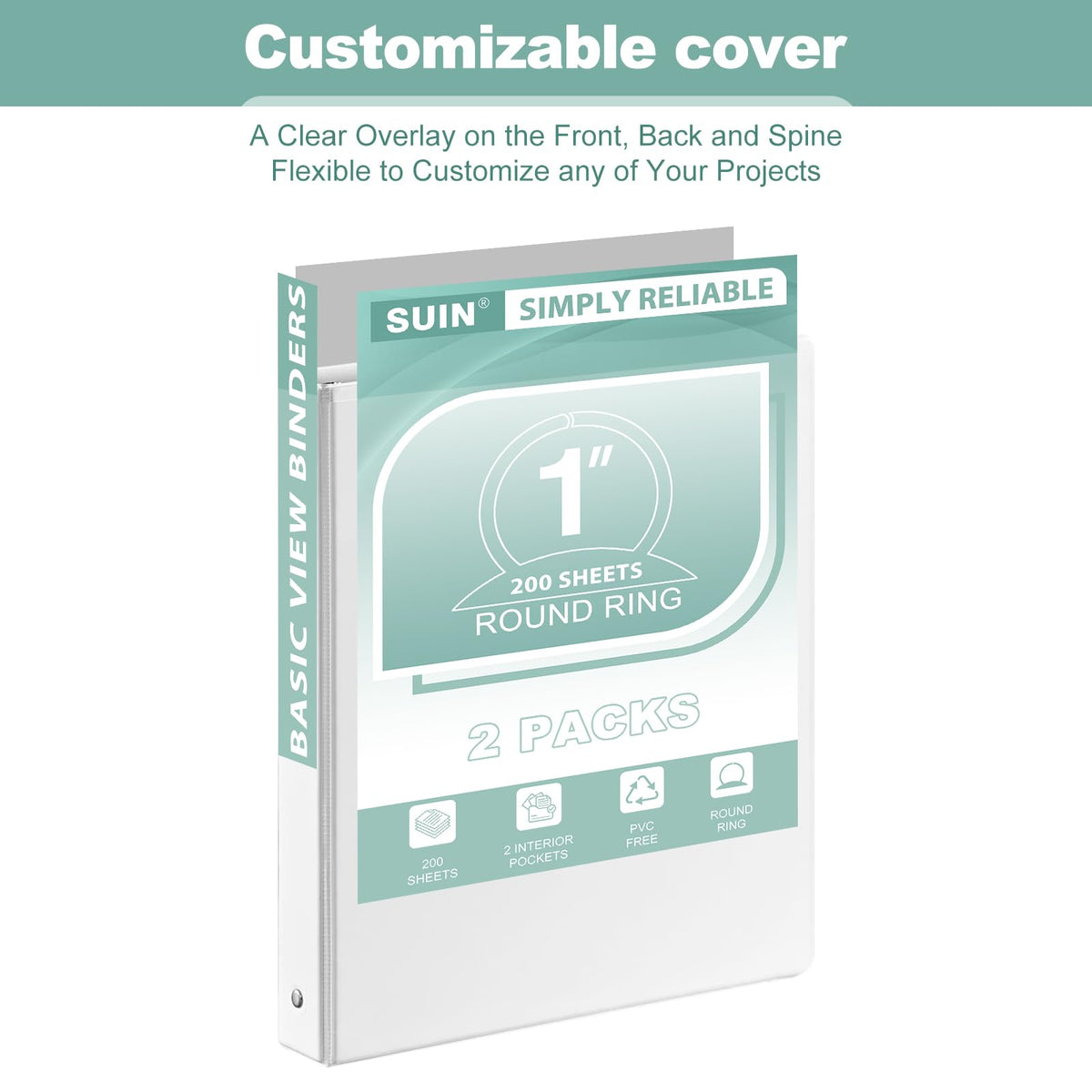 SUIN 1-Inch 3-Ring-Binder, Customizable Clear View Cover, for US Letter Size 8-1/2 x 11'', Perfect for Office/School (White - 2 Packs)