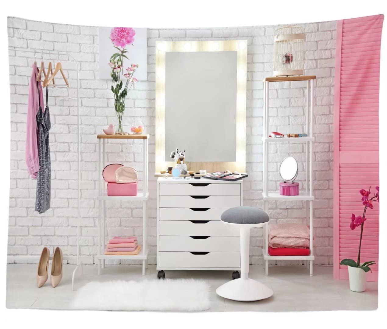 BELECO Makeup Room Backdrop - 9x6ft Fabric Beauty Backdrop for Girls Ladies Online Teaching Live Video Decor Salon White Wall Dressing Table Mirror Background Makeup Party Deco Photo Props