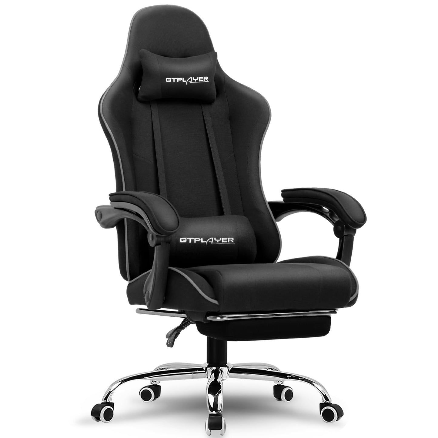 GTPLAYER Gaming Chair with Footrest, Computer Chair with and Lumbar Support, Height Adjustable Game Chair with 360°-Swivel Seat and Headrest and for Office or Gaming (All Black-Fabric)