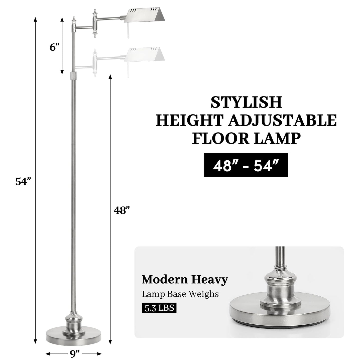 Dimmable Pharmacy Floor Lamp with Remote, 17W LED Reading Floor Lamp with 360°Swing Arm, 3 Color Temperature, Height Adjustable Silver Standing Task Lamp for Living Room, Bedroom, Brushed Nickel