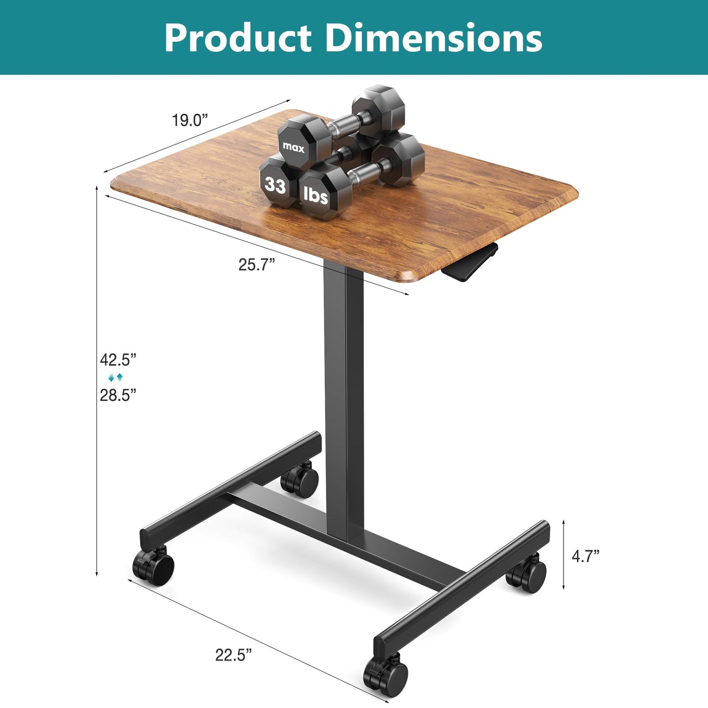 OLIXIS Small Standing Desk with Locking Wheels, Mobile Portable Rolling Laptop PC Table, Adjustable Height Computer Workstation for Home Office, 19 Inch, Brown