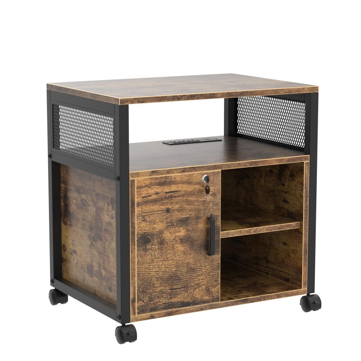 Unikito Rolling File Cabinet, Lateral Filing Cabinet on Wheels Mobile Office Printer Stand with Door and Open Storage Shelf for A4, Letter Size and Hanging File Folders, Lockable, Rustic Brown