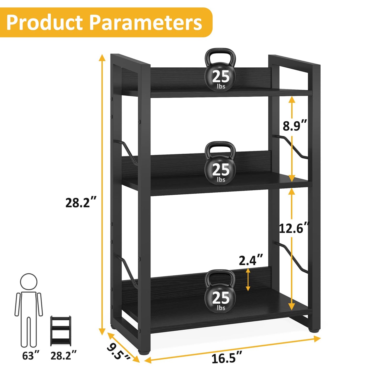 Hosfais Book Shelf Small Bookshelf - 3-Tier Wood Bookcase Industrial Bookshelf Metal Narrow Bookcase Storage Organizer Display Rack for Bedroom Living Room Home Office (Black)