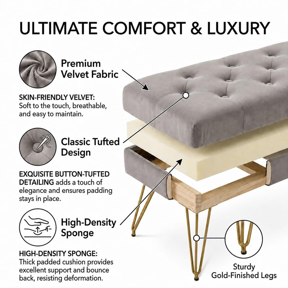 Velvet Button-Tufted Entryway Bench, 39.37" Modern Upholstered Bedroom Bench with Gold Metal Legs, Padded Rectangular End of Bed Bench for Living Room, Dining Room (Grey)