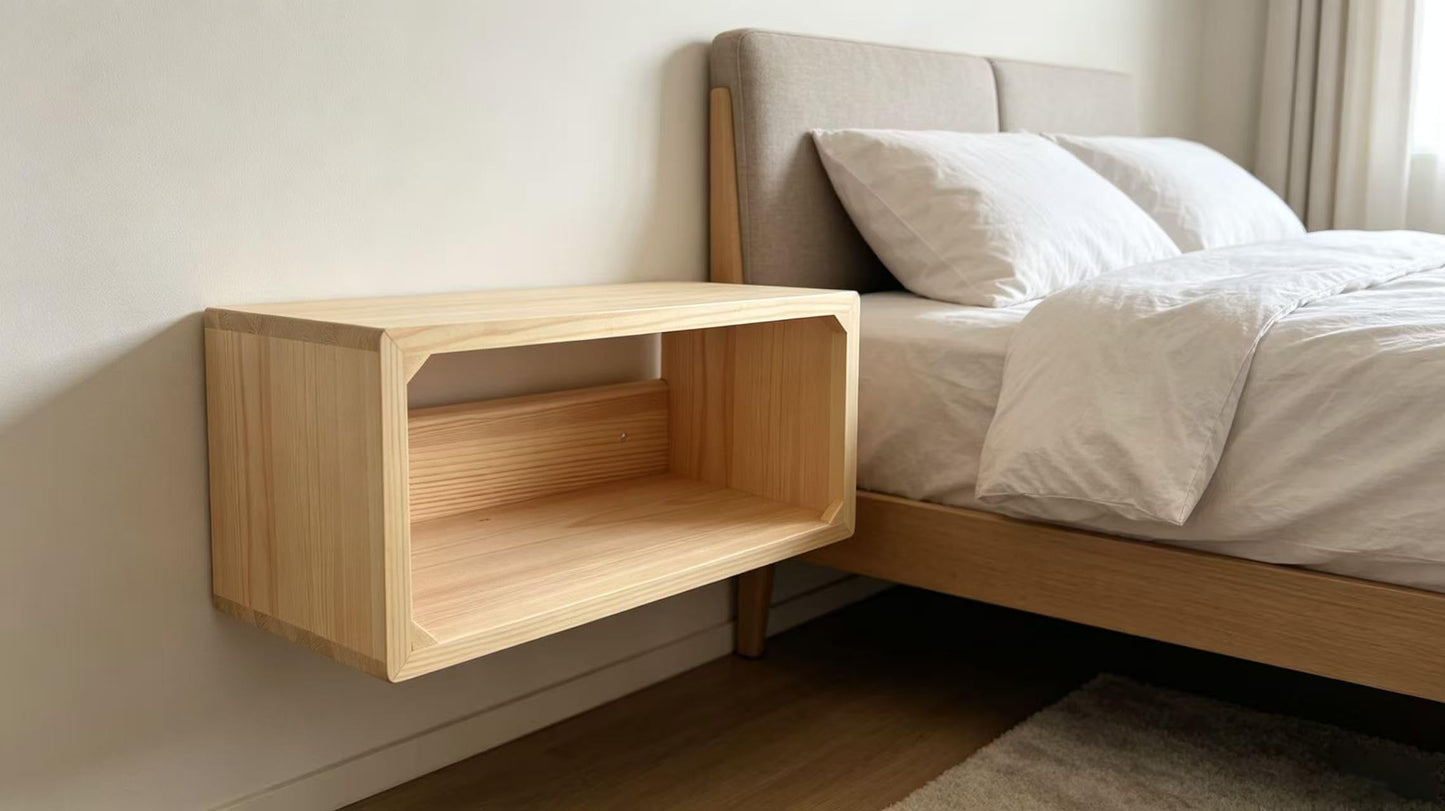 LUOFENGYANG Floating Bedside Shelf, Wall Mounted Nightstand with Storage Space, Natural Wood