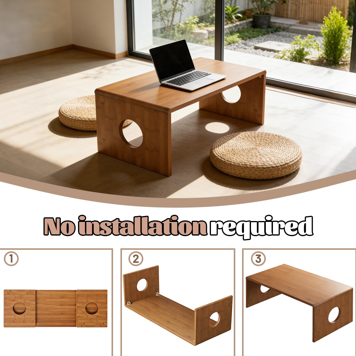 Zansens Foldable Low Coffee Tables,Japanese Folding Floor Table,Bamboo Floor Table Desk,Low Tea Table,Portable Coffee Tables with No Assembly Required,for Tea Rooms, Restaurants,Office