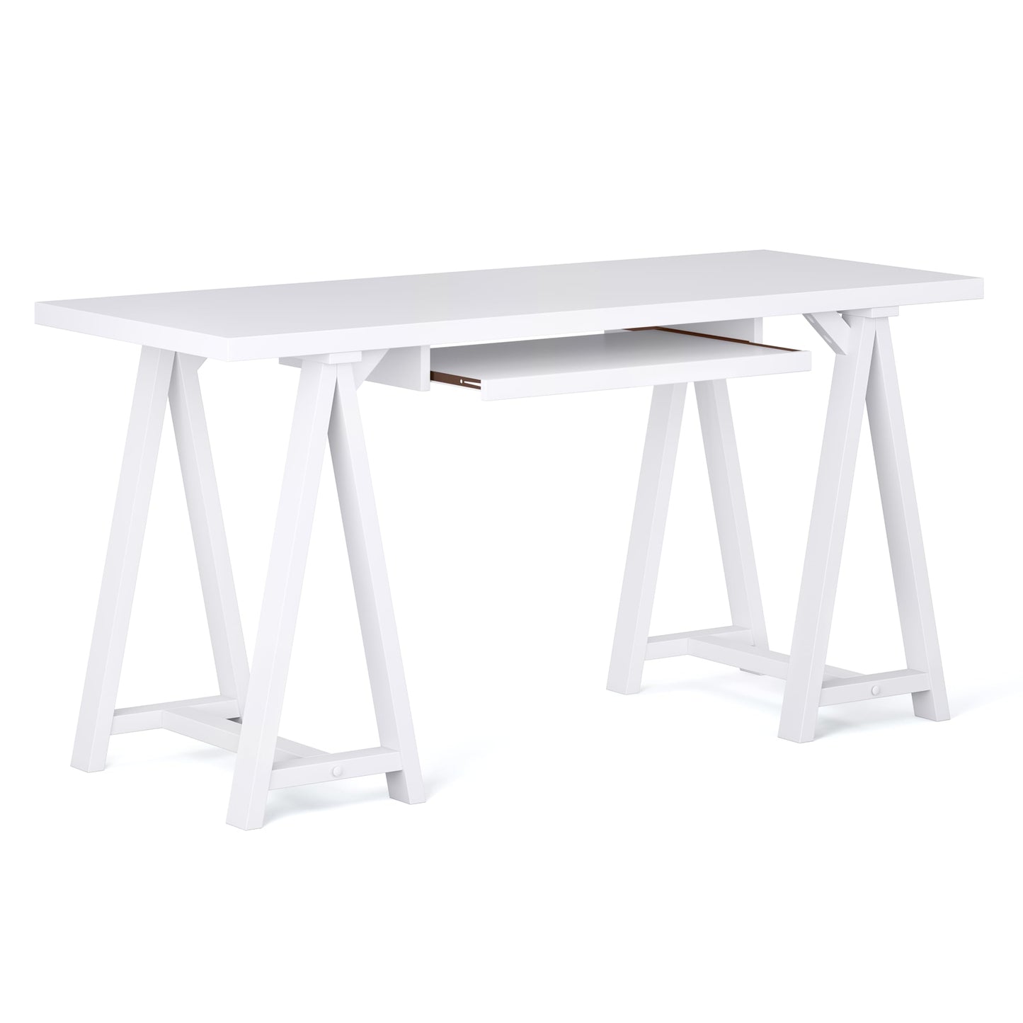 SIMPLIHOME Sawhorse Desk - 60 Inch Wide Solid Wood Writing Desk in White, Modern Industrial Home Office Computer Table for Workspace or Study with Sturdy Sawhorse Base and Integrated Keyboard Tray