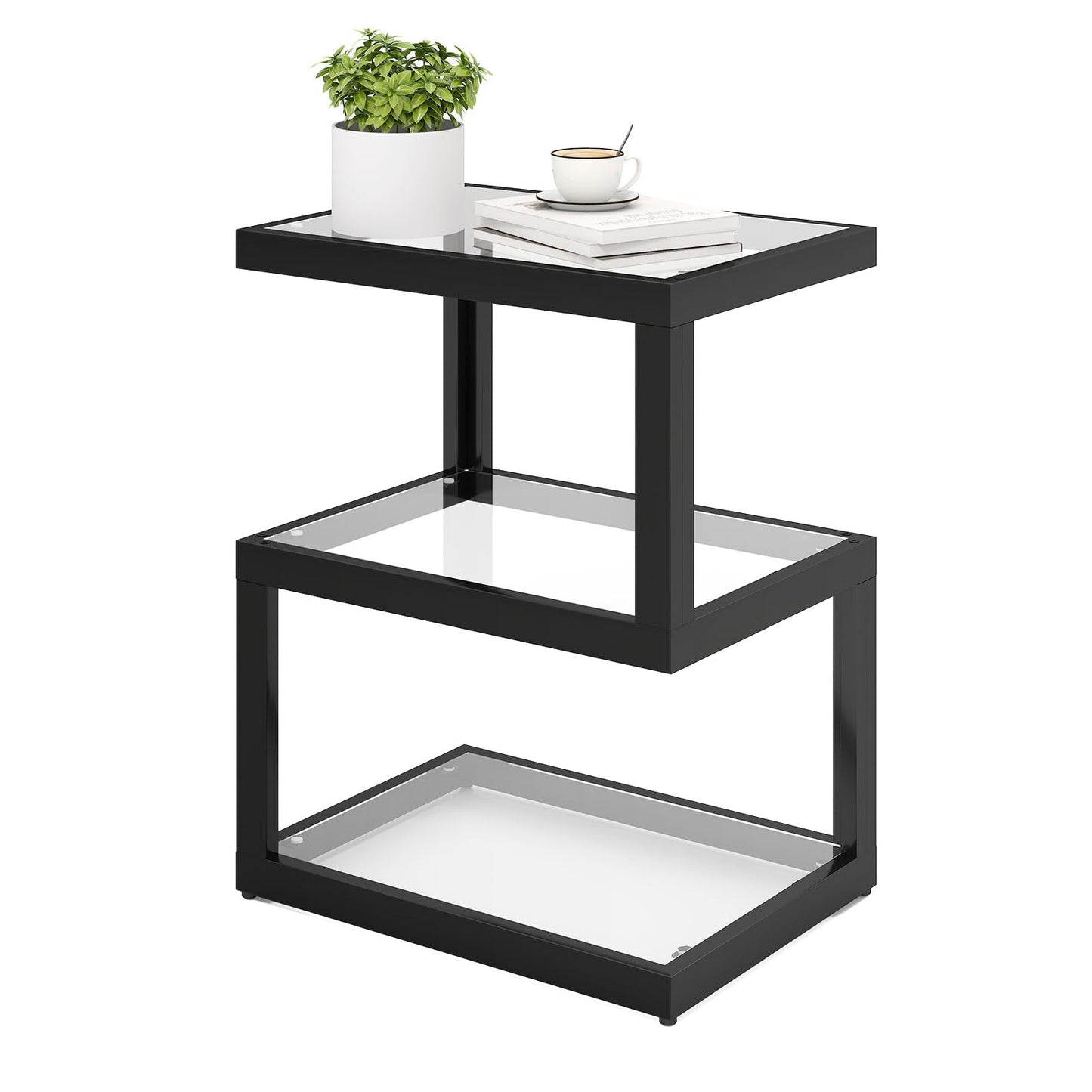 Permory Glass 3-Tier S-Shaped Side Table with LED Strip, Black End Table for Living Room & Bedroom (Rectangle)
