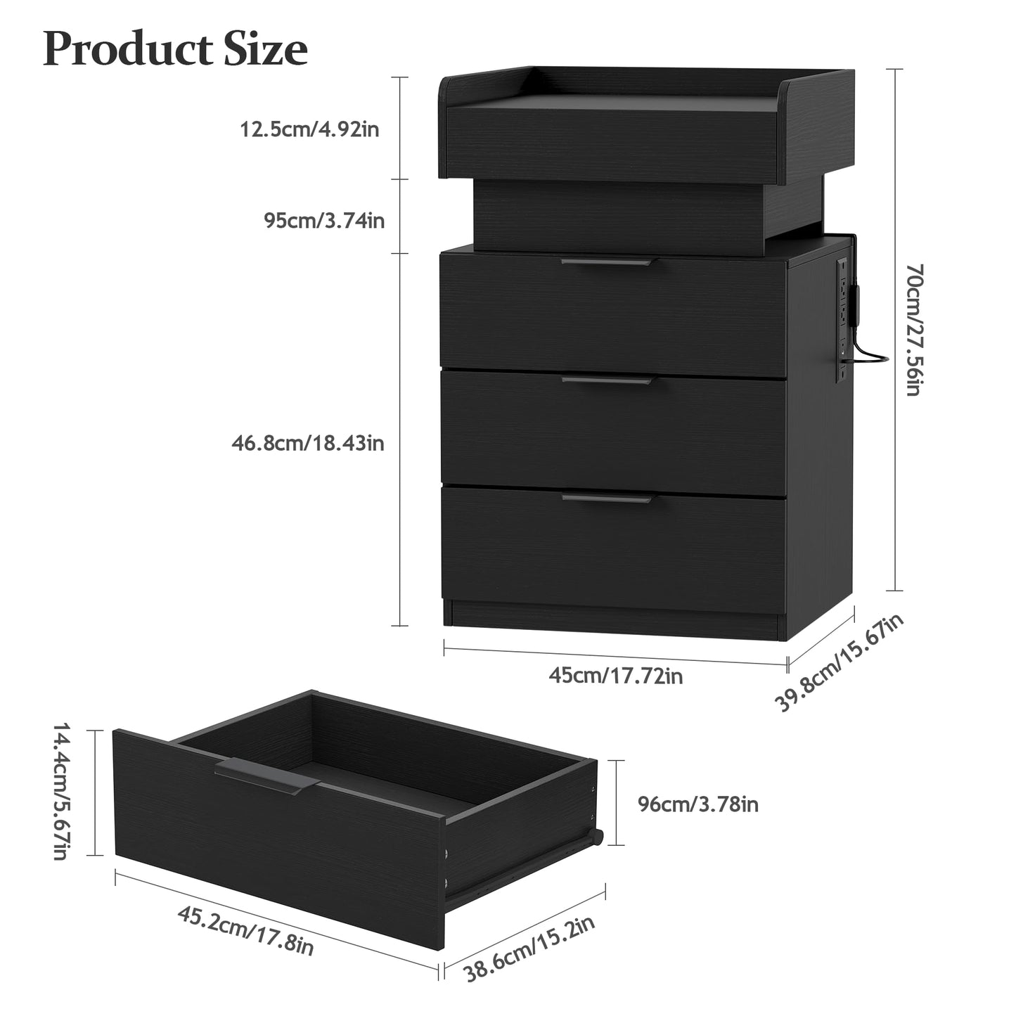 Turosur Night Stand Set 2 with Gun Drawer, LED Nightstand with Charging Station and Hidden Storage, Black Bedside Table with 3 Drawers, Wood Nightstands for Bedroom, Modern