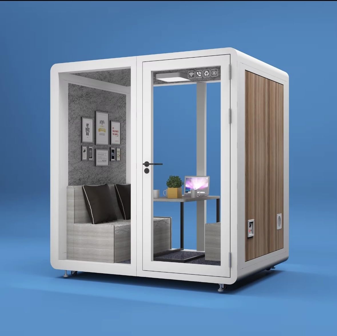Sound Proof Mobile Office Pod Booth, Best for 4-6 People, Glass Door LED Lights, Includes Furniture & Table. Best for Private Meeting, Office, Phone Call, Piano, Study, Sleep & More (White)