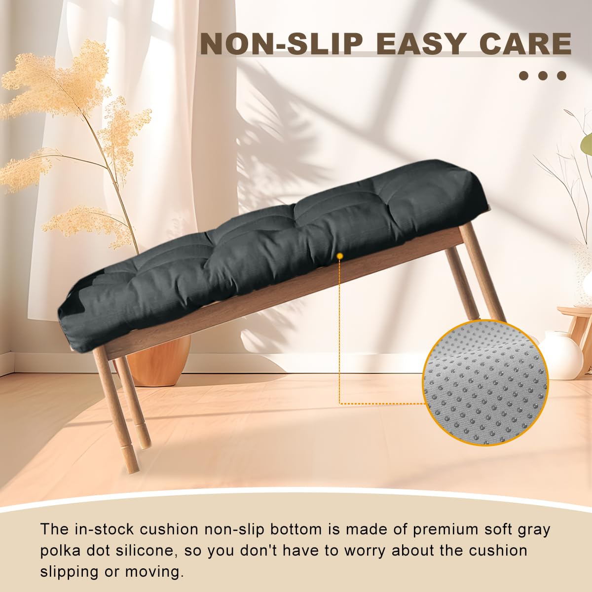 ThinMay Bench Cushion 47 inches,Indoor/Outdoor Non-Slip Tufted Cushions, Premium Waterproof Linen, Soft Piano Sofa Cushions, High-Density Memory Foam(Black-47x19x4in)