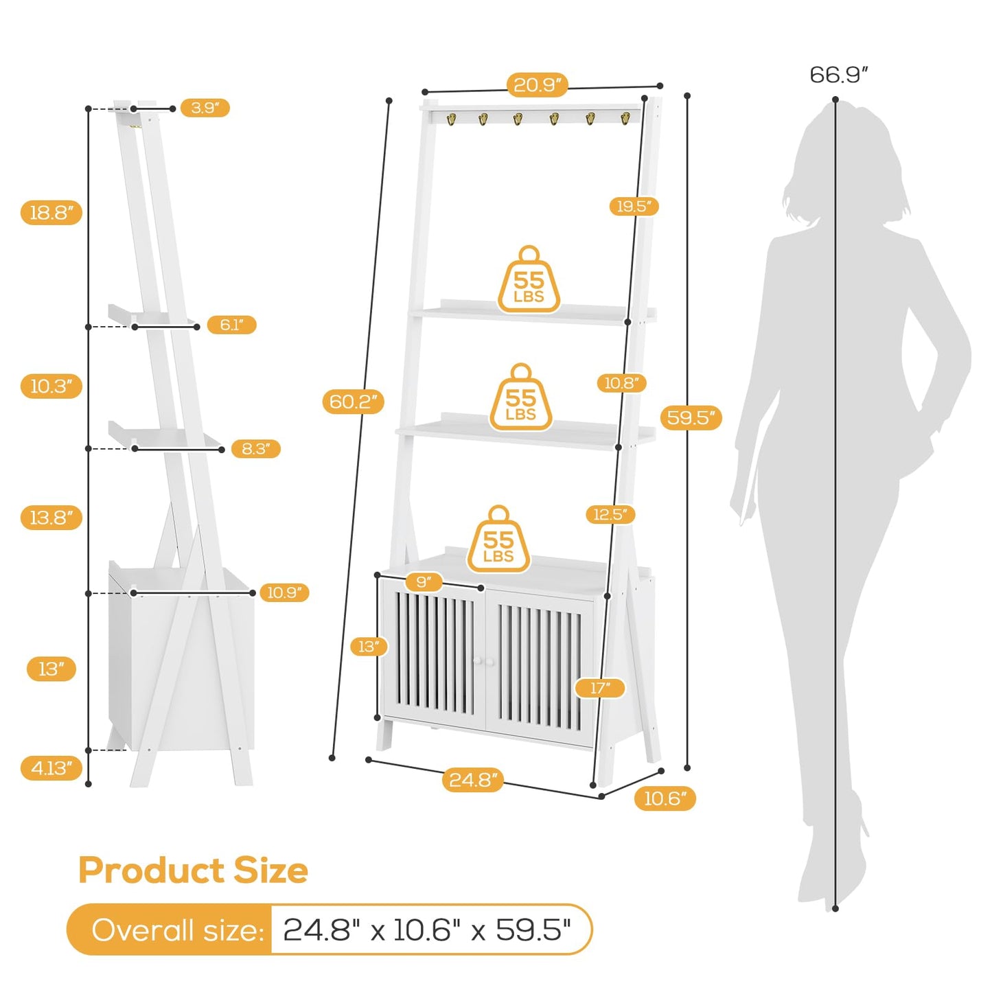 Bookcase with Drawers, 4-Tier Bamboo Bookshelf Ladder Shelf with 6 Hooks, 59.5"H x 24.8"L x 10.6"W, Tall Narrow Freestanding Standing Storage Organizer for Living Room, Office, Bedroom, White