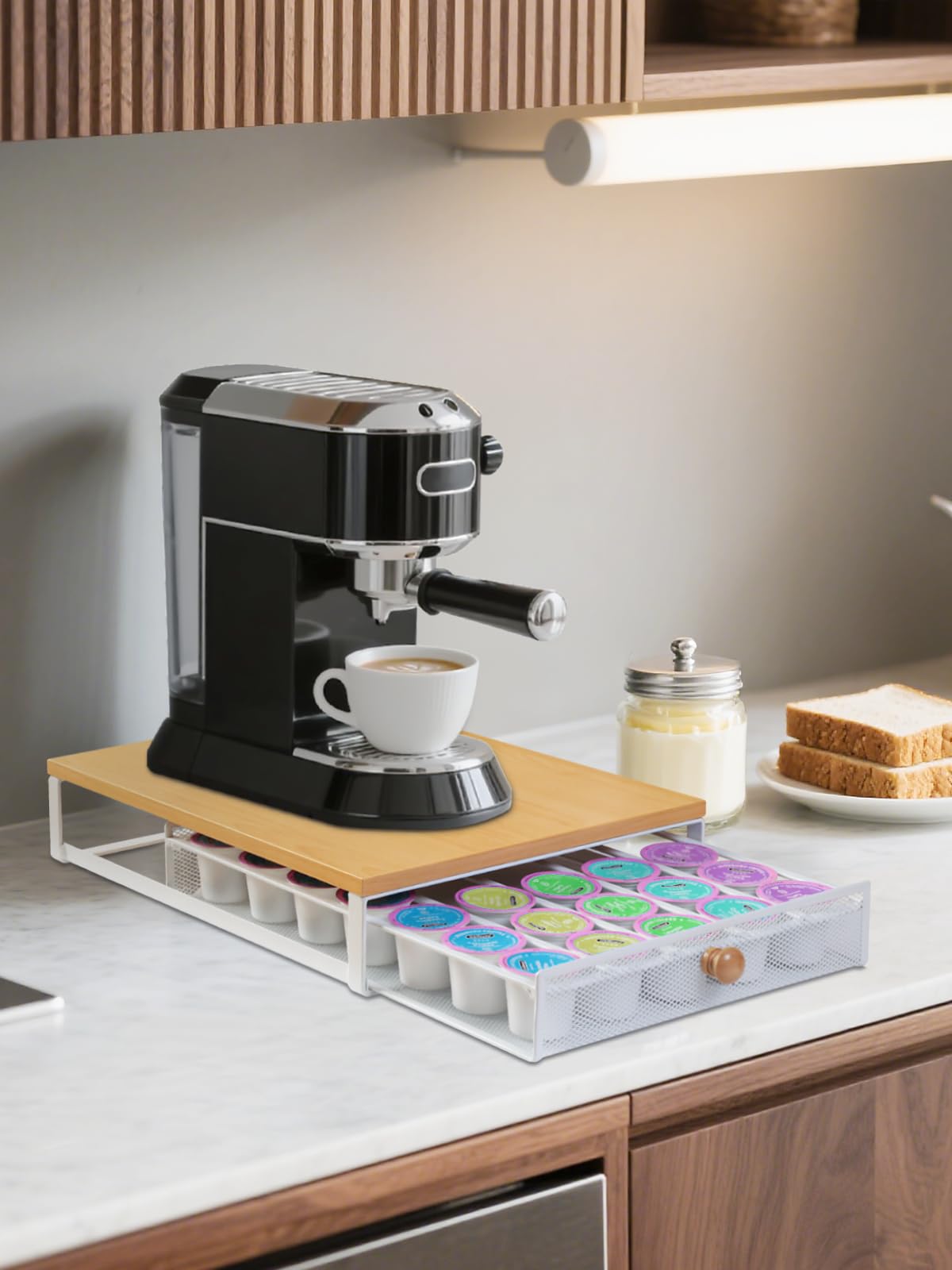 Sedegn Coffee Pod Holder Counter Coffee Vertuo Capsules Storage Organizer with Sliding Drawer Compatible For K-Cup Pods Nespresso Pods No Assembly Needed Oak Color