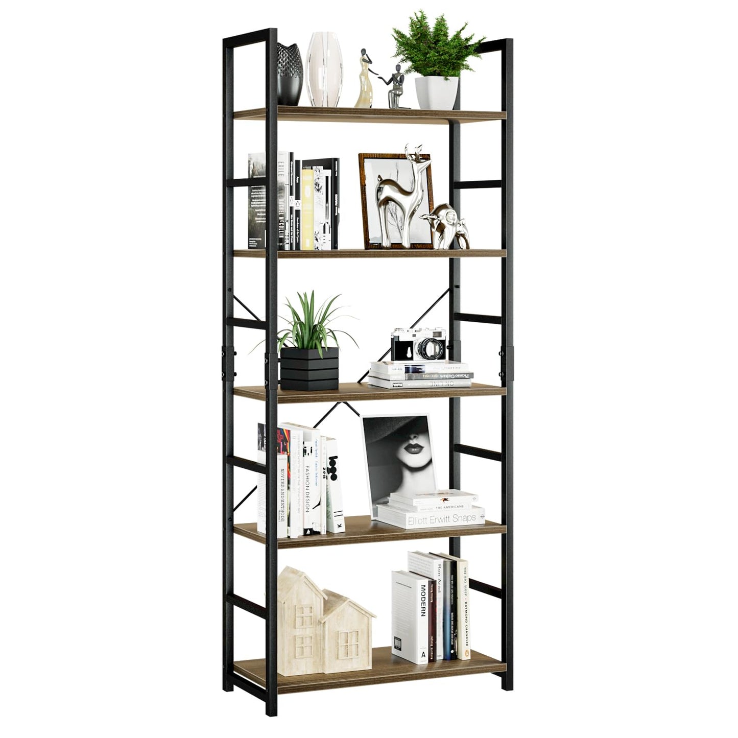 NUMENN 5 Tier Bookshelf, Tall Bookcase Shelf Storage Organizer, Modern Book Shelf for Bedroom, Living Room and Home Office, Dark Walnut