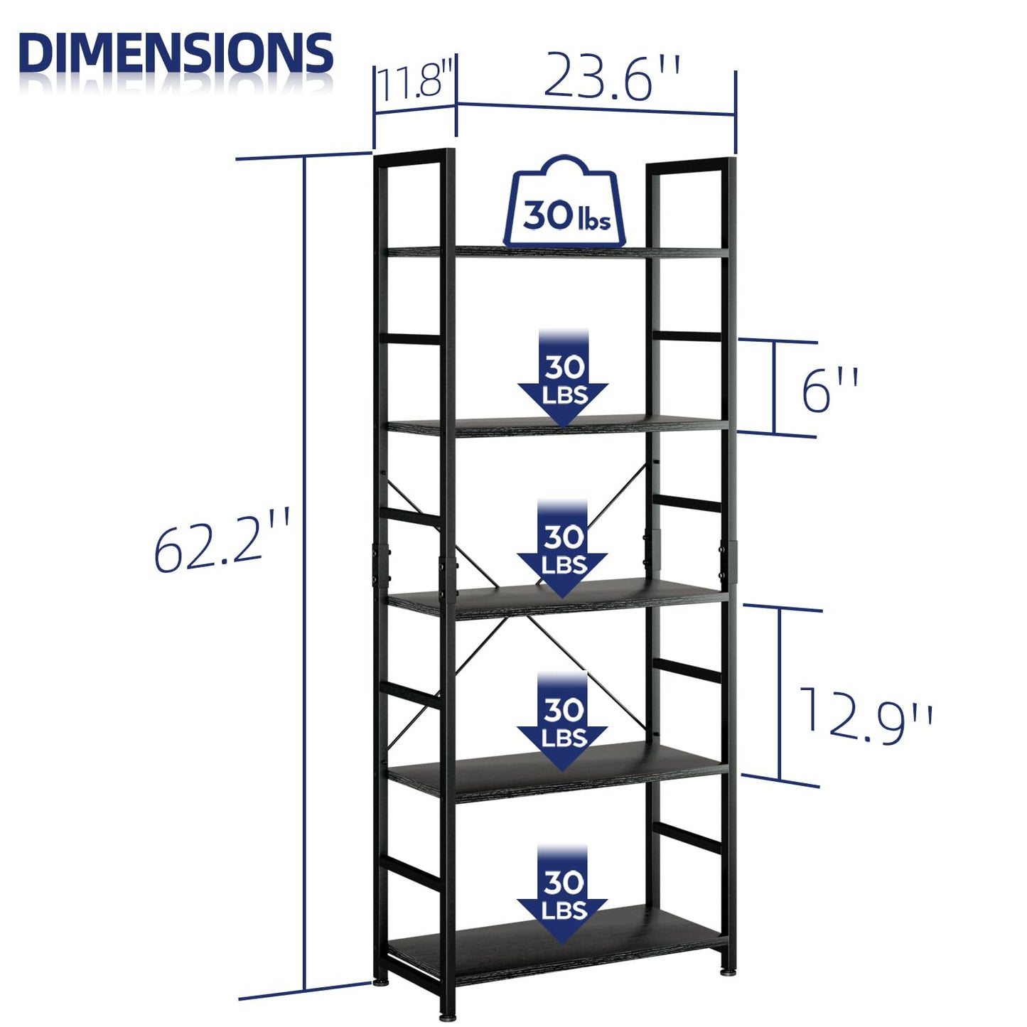 NUMENN 5 Tier Bookshelf, Tall Bookcase Shelf Storage Organizer, Modern Book Shelf for Bedroom, Living Room and Home Office, Black