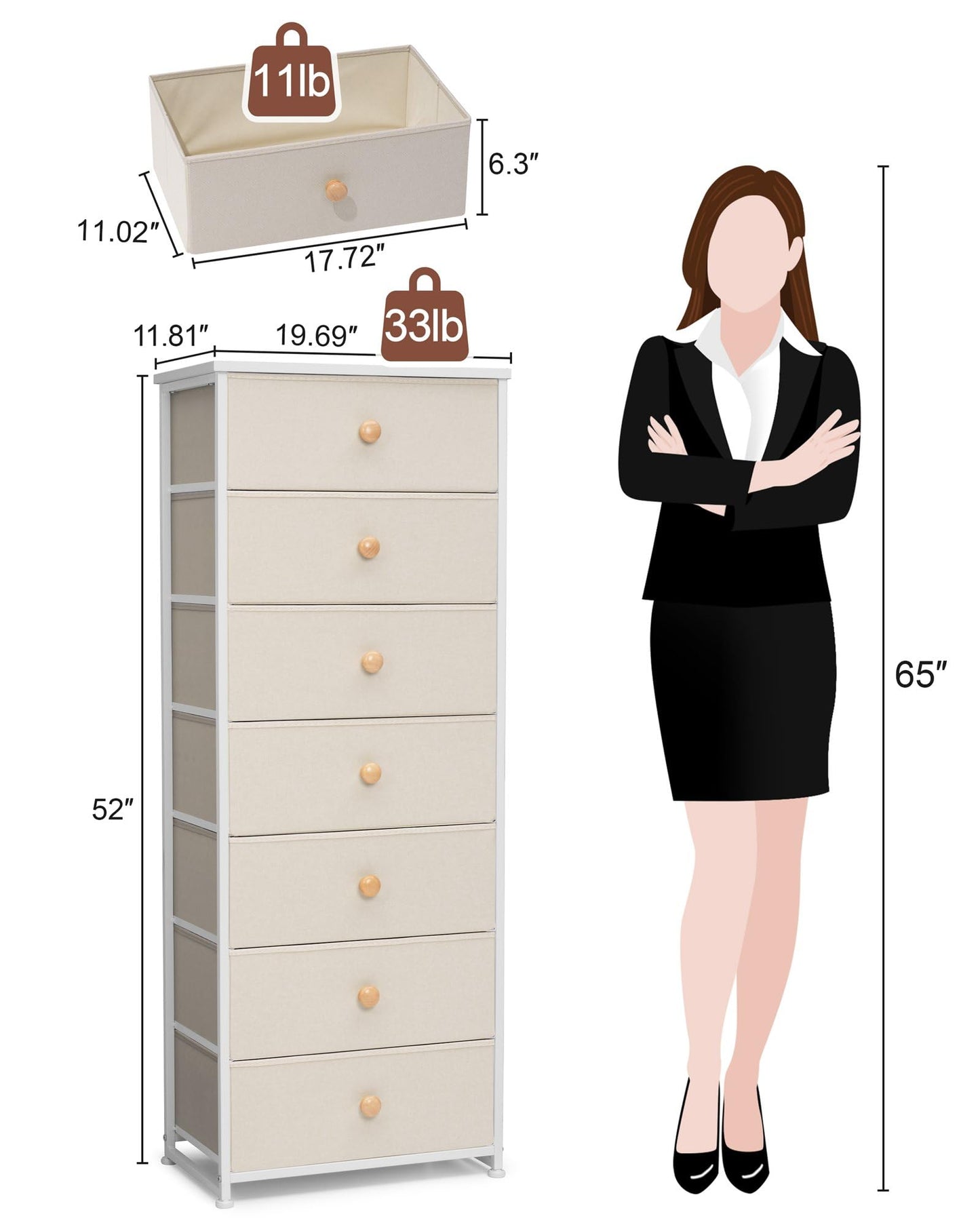 Crestlive Products Tall Dresser, 7-Drawer Fabric Storage Tower, Chests of Drawers - Vertical Organizer Unit for Bedroom, Hallway, Entryway, Nursery, Closets - Steel Frame, Wood Top & Handles (Beige)