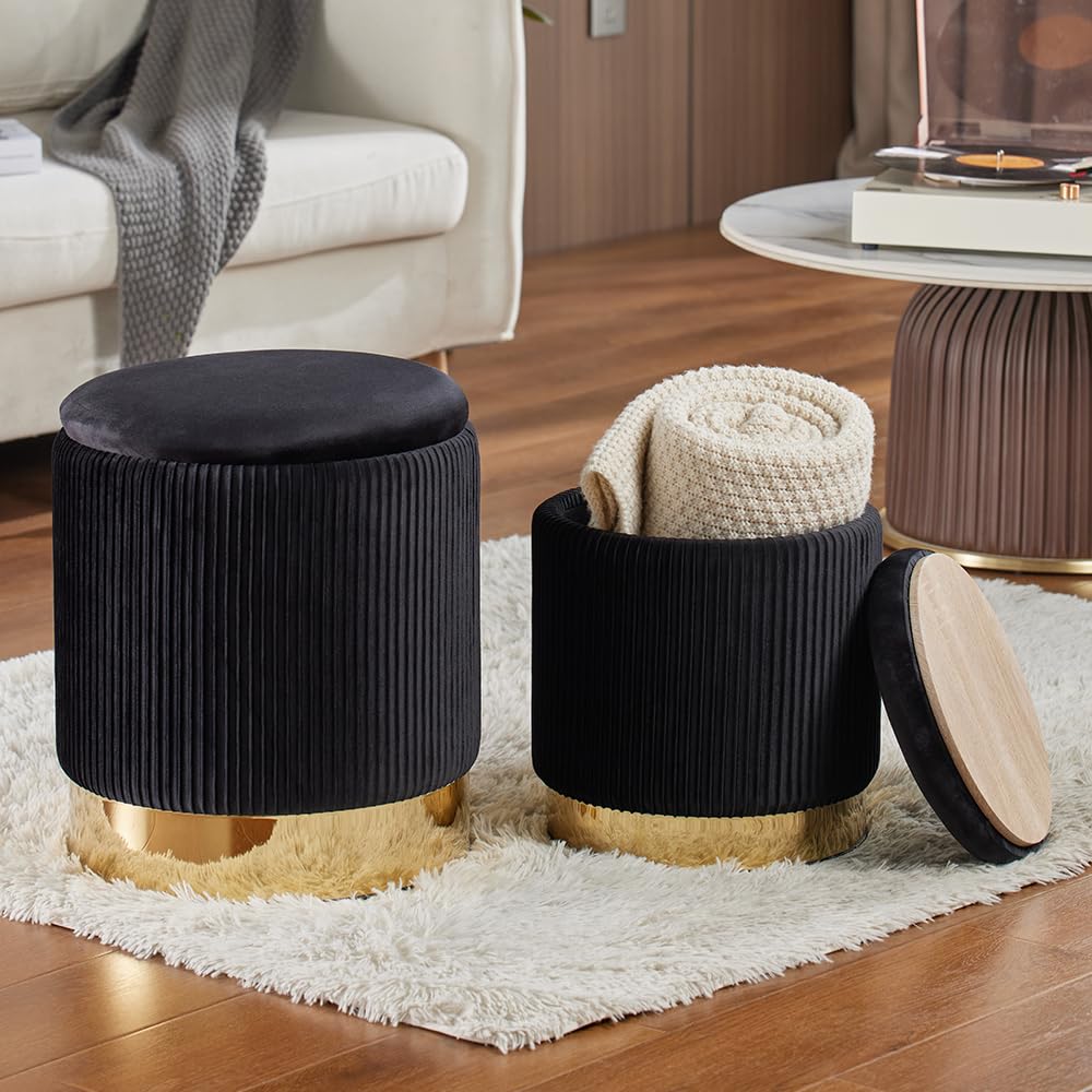 2BYF Round Ottoman with Storage Set of 2 Upholstered Velvet Vanity Stool for Living Room Storage Ottomans Multifunctional Foot Rest (Black with Bottom Gold)