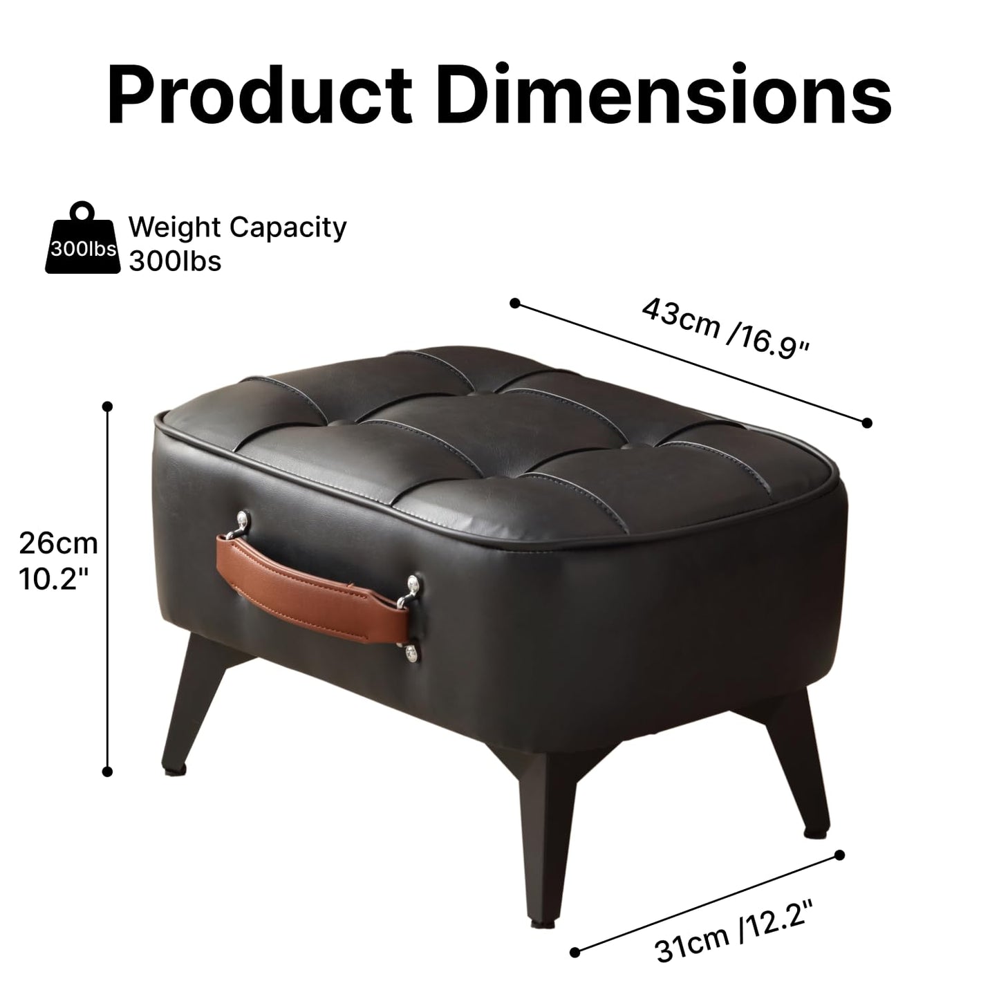 Vintage Style Faux Leather Ottoman Footstool - Wooden Frame, Upholstered Interior, Multi-Use Footrest for Living Room, Entryway, Office (Black)